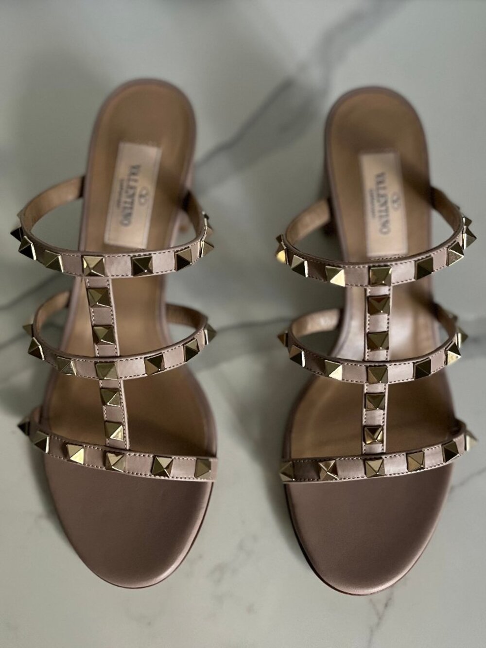 Valentino Garavani Rockstud Leather Slide Sandal 60mm, Poudre sz 36 - Authentic - Picture 8 of 15
